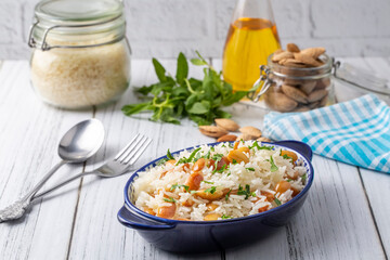 Traditional delicious Turkish food; Almond rice pilaf (Turkish name; Bademli pirinc pilavi)