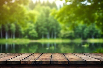 Empty wooden table with blur lake background to place product or advertising