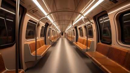 Inside empty subway car, metro car empty interior. Generative AI