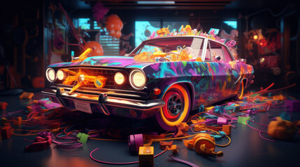illustration of a car parked in a garage with colorful lights and lights just like in the game.