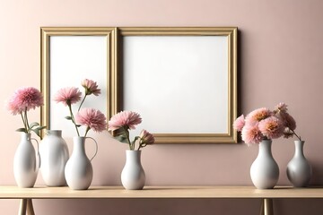 Mock up with empty blank square picture frame and two vases with flowers