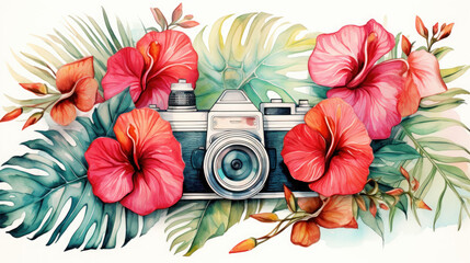 illustration of Camera vintage tropical leaves and hibiscus patterns