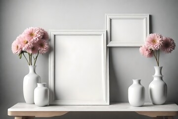 Mock up with empty blank square picture frame and two vases with flowers. 3d illustration.