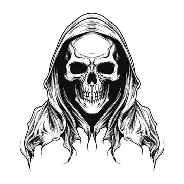 recommend clip art: Unique Hand Drawn Reaper: Black & White Skull Illustration for Doodle Art & Transparent Background Designs