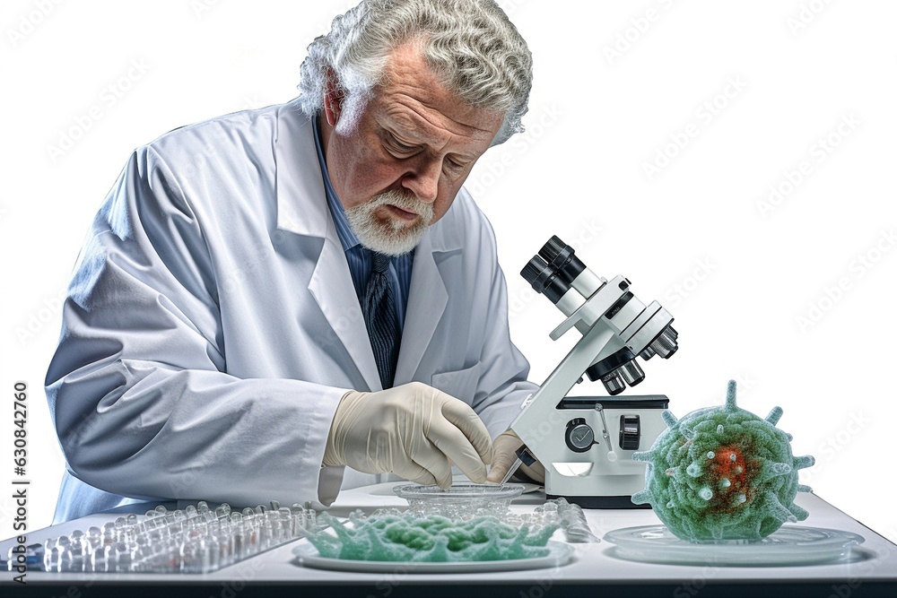 Poster scientist with microscope isolated on white background.