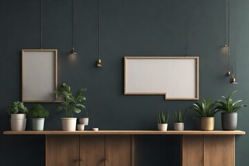 Blank empty long frame hanging on dark wall over cabinet with potted plant. 3d illustration.