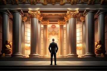 Businessman stands in front of a famous bank building facade, ai tools generated image