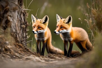 Red fox (Vulpes vulpes) Kits near den entrance- captive specimen, Bozeman, Montana,