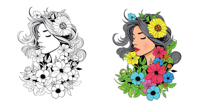 Vector illustration of a portrait of a girl and decorating the hair with flowers. Design for invitation card, picture frame, poster, scrapbook