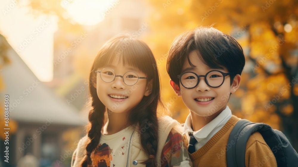 Poster asian school children, girl and boy, wearing glasses, smiling at the school campus, with backpacks g