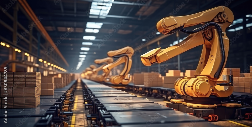 Poster smart automation arm robot working at warehouses, conveyor belt production line, control by artifici