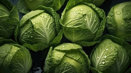 Fototapeta premium Beautiful cabbage head with dew droplets on the green fresh leaves in an organic farm.