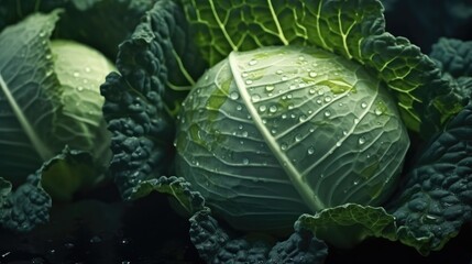 Fototapeta premium Beautiful cabbage head with dew droplets on the green fresh leaves in an organic farm.