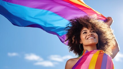 person holding flag. Close-up of an African American young woman holding a rainbow flag over a blue sky. Generative Ai