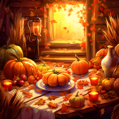 Fall and Thanksgiving table scene with Pumpkins, leaves, and candles. A great template for a Fall or Thanksgiving menu or invitation. Generative ai.