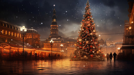 Fototapeta na wymiar Yuletide Wonderland: Christmas Tree and Decorations in the Evening Square