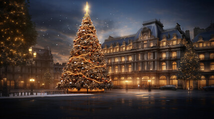 Fototapeta na wymiar Enchanting Christmas Scene: Evening with Decorations and a Large Tree in the Square
