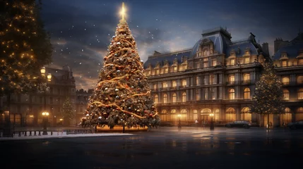 Deurstickers Enchanting Christmas Scene: Evening with Decorations and a Large Tree in the Square © Martin Studio