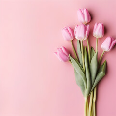 Pink Tulips with light pink lay flat background. Includes enough room for text so it can be fulled customized for things such as invitations, stationary, etc. Generative ai. 