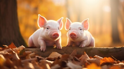 Two adorable piglets perched on a log in a picturesque forest setting - obrazy, fototapety, plakaty