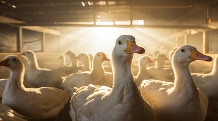 Flock of ducks inside a rustic barn - obrazy, fototapety, plakaty