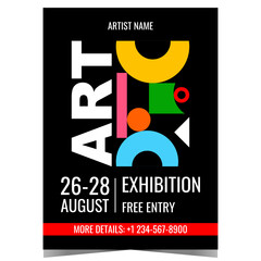 Fototapeta premium Art exhibition design template with colourful abstract geometric shapes on the background. Banner, poster, leaflet or flyer for culture event, painting and photos exposition by famous artists.