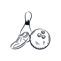 Bowling ball, shoes and pin hand drawn line illustration. Bowling game sport copy space drawing. Vector vintage icon logo.