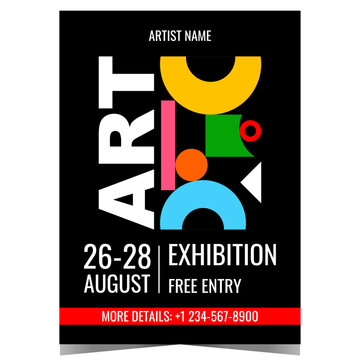 Art exhibition design template with colourful abstract geometric shapes on the background. Banner, poster, leaflet or flyer for culture event, painting and photos exposition by famous artists.