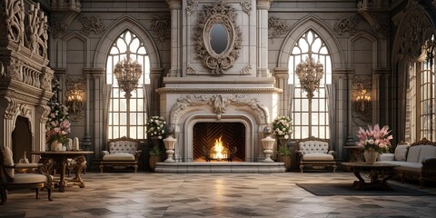 Fototapeta na wymiar Reception room of a castle with fireplace, table, candlesticks, marble floor