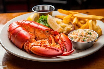 lobster with salad, fried potatoes and sauce