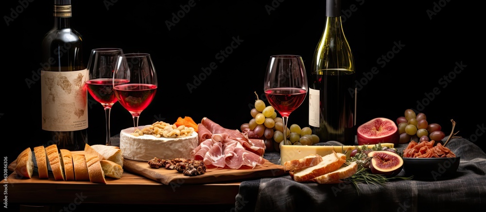 Poster wine bottles and glasses on a table, representing wine drinking culture. it portrays appetizers and 