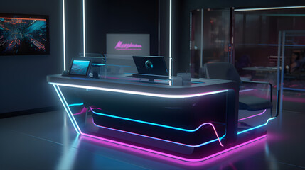 Futuristic registration reception desk, virtual gym, metaverse, advanced holographic displays, 3D futuristic aesthetic. Generative ai.