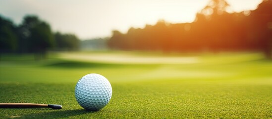 golf ball positioned behind a driver at a driving range, with lots of blank space and a blurry background.