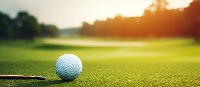 golf ball positioned behind a driver at a driving range, with lots of blank space and a blurry background.