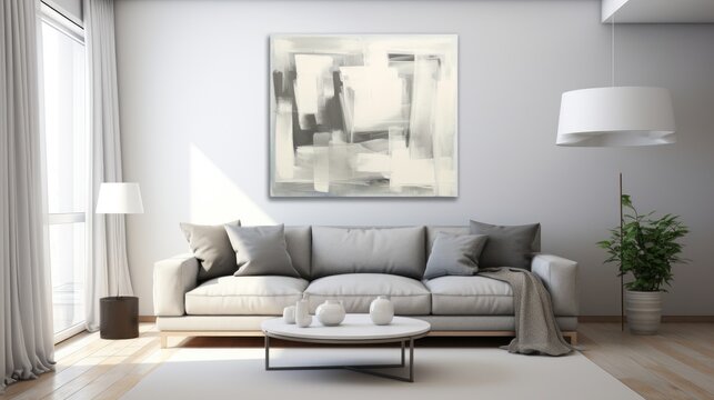 Modern living room with a white couch and a statement painting on the wall