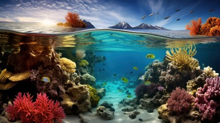 Underwater coral reef with a majestic mountain backdrop
