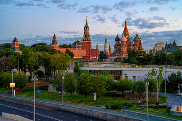 Spasskaya Tower, Moscow Kremlin, Saint Basil's Cathedral, Park Zaryadye in Moscow, Russia....