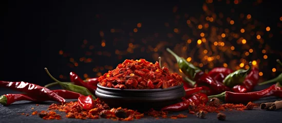 Fotobehang Spicy condiment made with a mixture of fresh hot peppers, dry chili flakes, and spicy oil, displayed on a dark background with copy space. © HN Works