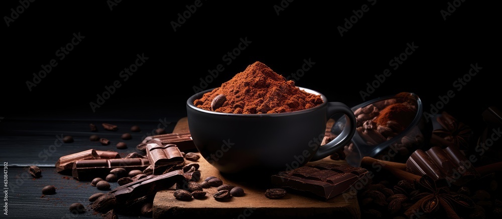 Poster the idea of chocolate and cacao is illustrated by a bowl of cocoa powder, alongside cocoa beans and 
