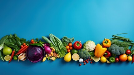 Colorful assortment of fruits and vegetables on a vibrant blue background