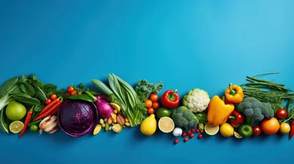  Colorful assortment of fruits and vegetables on a vibrant blue background © KerXing