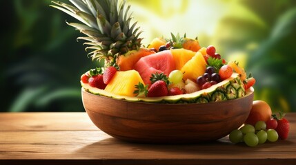 Wooden bowl filled with an assortment of fresh and colorful fruits on a rustic table