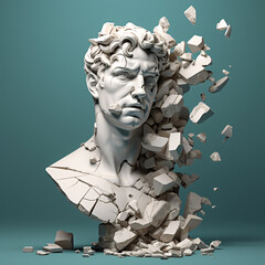 Head of David's statue, sculpture bust, 3d rendering style on pastel background. Broken and shattered in large pieces and tiny fragments..