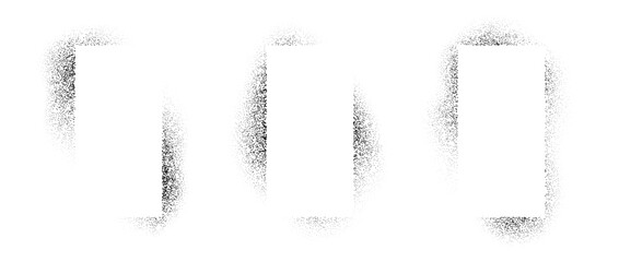 Thin rectangle frames with spray stencil effect set. Grunge dotted squared border collection. Faded noise texture shape bundle. Black splattered elements for text box, banner, poster, template. Vector