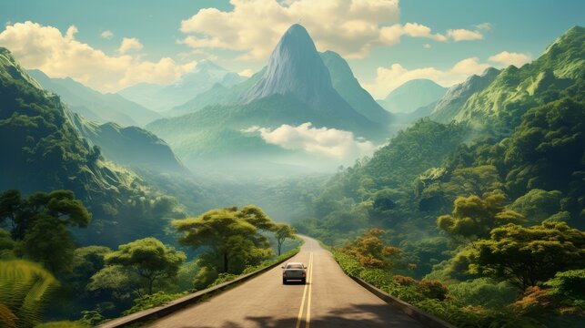 Car driving down a scenic road with majestic mountains in the background