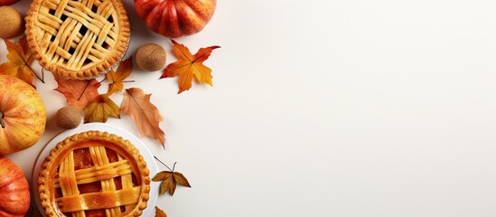 A top view image of Thanksgiving pumpkin and apple pies on a white background, with empty space for text. These pies are traditional homemade desserts for the autumn holiday.