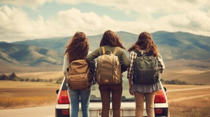 Three girls with backpacks standing in the back of a car - obrazy, fototapety, plakaty