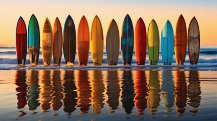 Row of colorful surfboards on a sunny beach