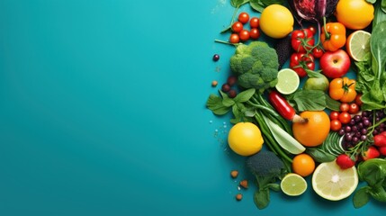 Colorful assortment of fresh fruits and vegetables on a vibrant blue background - obrazy, fototapety, plakaty