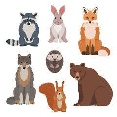 Cute Forest animals front view. Wild woodland mammal animal collection. Nature Vector icons illustration isolated on white background.
